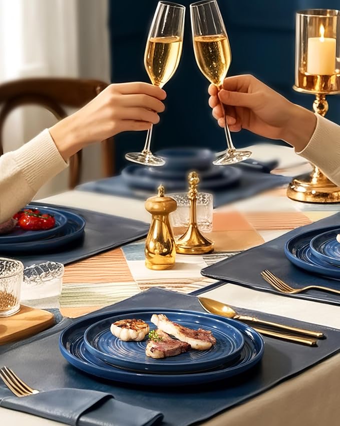 18-Piece Stoneware Dinnerware Sets for 6 - Farmhouse Coupe Plates and Bowls with Speckles & Spirals - Chip & Scratch Resistant, Microwave & Dishwasher Safe - Gift Box, Abysses Blue