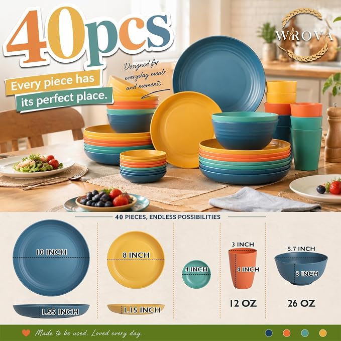 Wrova Plates and Bowls Sets 40-Piece, Unbreakable Wheat Straw Dinnerware Sets for 8, Lightweight Dishware Sets Microwave Safe- Deep Plates/Cereal Bowls/Cups Set/Soy Sauce Dish for Kitchen,RV- Colorful