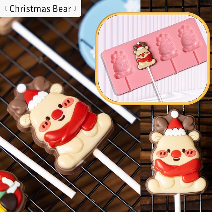 KALAIEN 4 Pack Christmas Lollipop Molds Set, Christmas Silicone Molds Candy Gummy Mold for Chocolate with 100pcs Lollypop Sucker Sticks