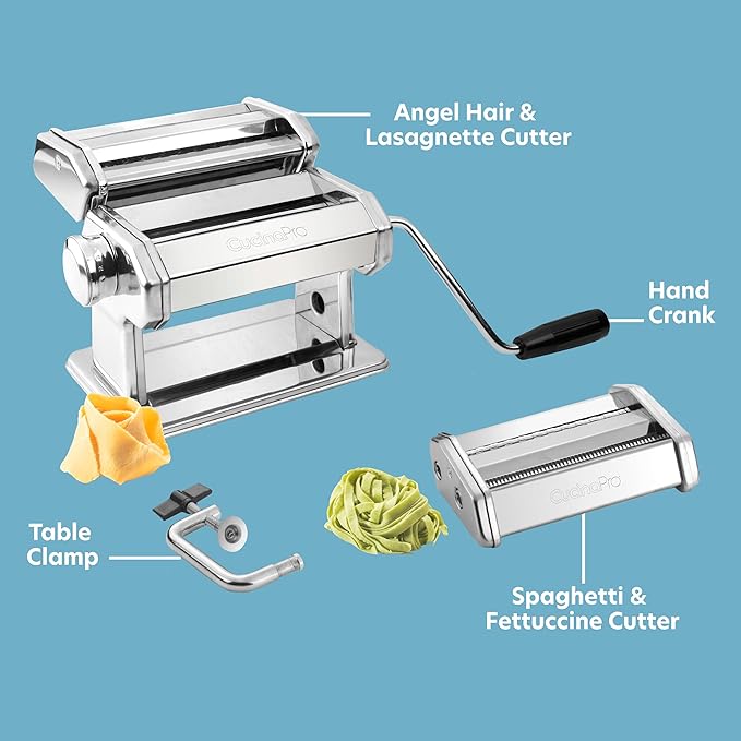 Pasta Maker Machine- Heavy Duty Chrome Coated Steel Construction with Fettucine & Spaghetti Attachments, Rollers w Adjustable Thickness Settings, Manual Hand Crank for Precise Noodles w Recipe Guide