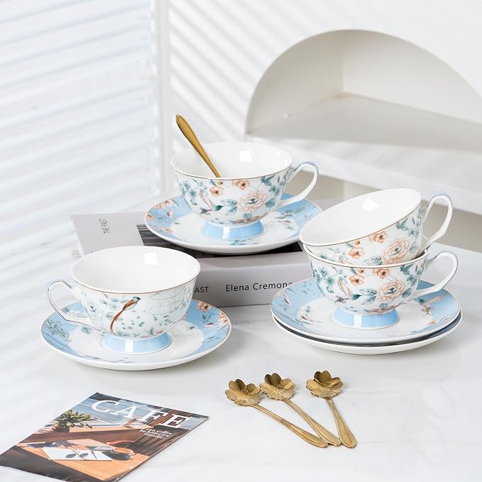 Jusalpha Porcelain Tea Cup and Saucer Set with Golden Spoon, Blue Floral Pattern, 12 Piece, 7 Oz, Modern Style, Hand Wash
