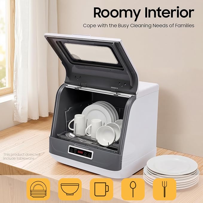 Countertop Dishwasher, 3 Washing Programs Portable Mini Dishwasher with Water Hose for Apartments, RVs, Boats, 360° Rotation Flushing, Hot Air Drying
