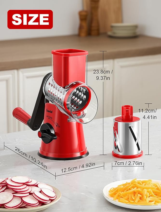 Geedel Rotary Cheese Grater Cheese Shredder - Upgraded 6-in-1 Cheese Grater with Handle and Strong Suction Base, Multi-purpose Vegetable Slicer Ice Shaver Nuts Grinder for Ice, Vegetables, Fruit