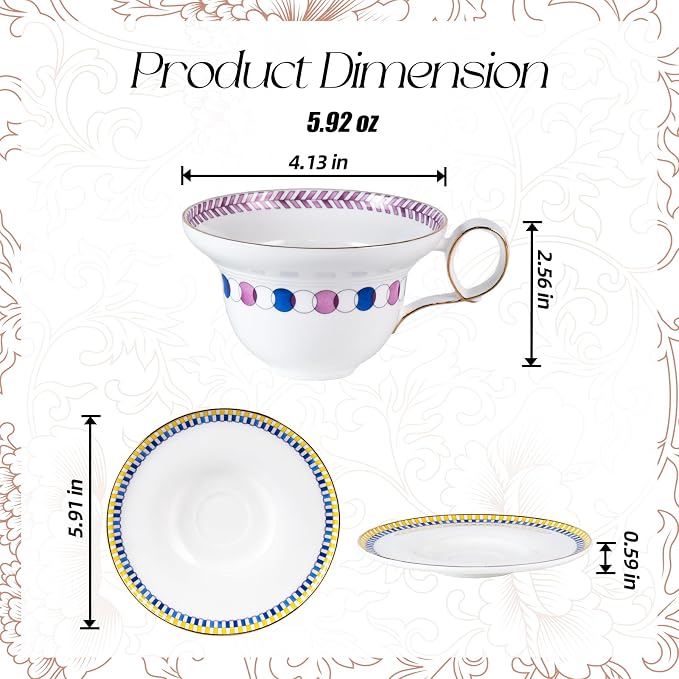KAMMAK Ceramic Coffee Cups Saucers Set of 2, Porcelain Espresso Cups with Saucers, 5.92 oz Handmade Elegant Bone China Tea Cup, Ceramic Floral Pattern Demitasse for Latte, Americano, Cappuccino