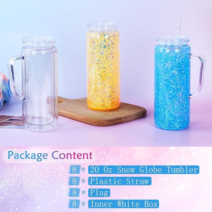 20 Oz Acrylic Snow Globe Tumbler Cup with Handle, Double Wall Plastic Snowglobe Tumbler with Pre-Drilled Hole and Plug for Glitter DIY, 8 Pack