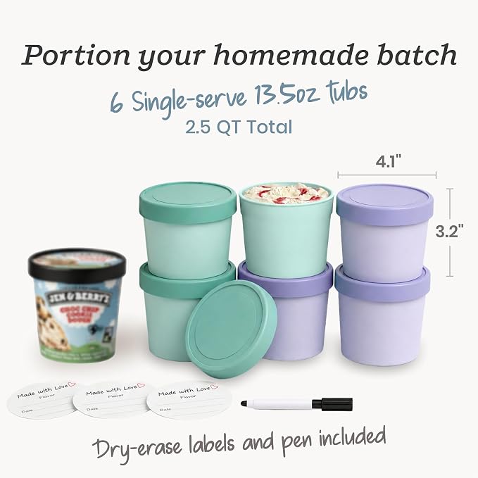 Starpack Freeze The Day Cute Small Ice Cream Freezer Containers (6-Pack, 13.5oz) - Single Serve with Silicone Lids - BPA-Free, Airtight, Reusable, Homemade Ice Cream, Frozen Yogurt, Lavender & Mint