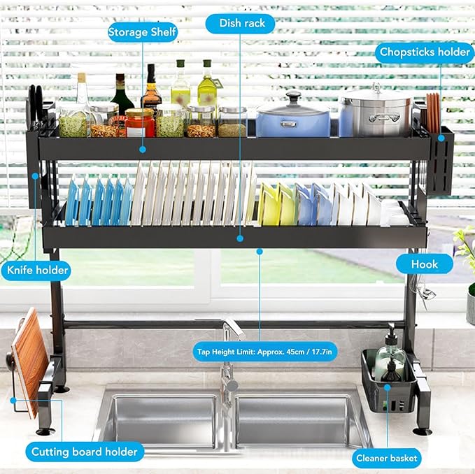 Over Sink Dish Rack Large Capacity Metal Thickened Countertop Dish Drying Shelf 55cm - Foldable Design, Space Saving, Stable Carbon Steel Construction for Kitchen (Double Layer)