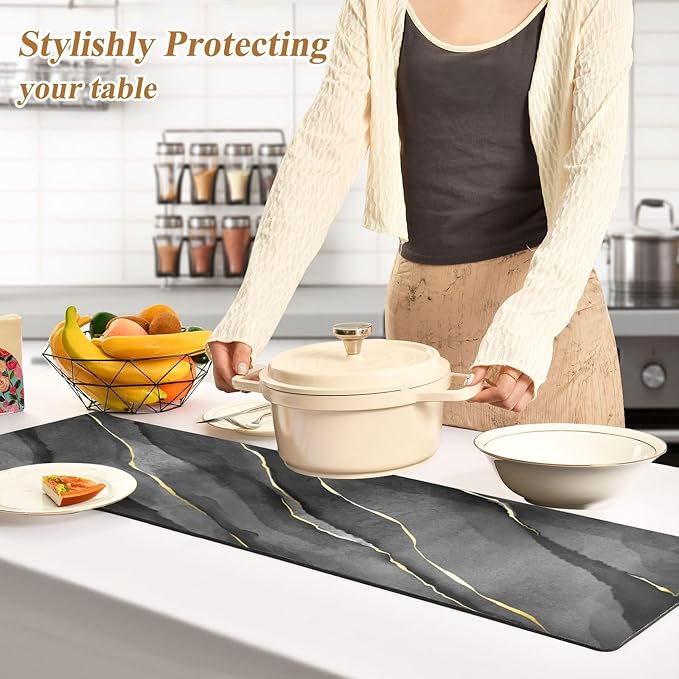 2 in 1 Table Runner Trivet for Hot Pots and Pans Heat Resistant Non Slip Waterproof 39 x 12 Inch Decorative Table Protector for Kitchen Countertop Marble Black and Gold Line