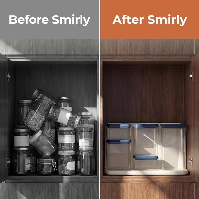 SMIRLY 8-Pcs Airtight Food Storage Containers Set with Countertop Organizer,One-Press Air Tight Pantry Storage Containers, BPA-Free ABS,Stainless Steel Spoon & Scoop for Cereal, Flour, Sugar-Blue