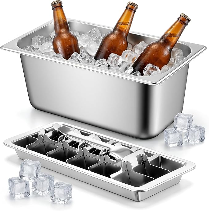 Baderke Stainless Steel Ice Cube Tray Ice Bucket 18 Slot Heavy Duty Metal Icecube Mold Wine Beer Champagne Bucket Container for Bars Parties Picnics