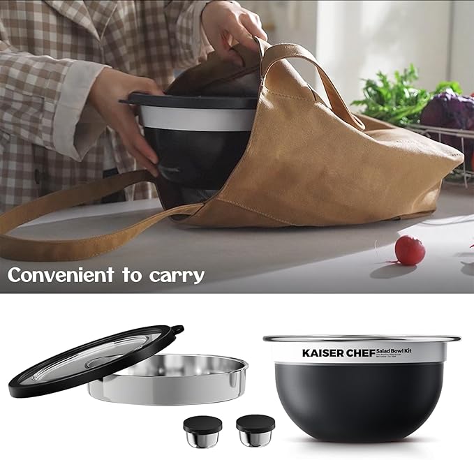 Salad Bowl Kit 74oz,Salad Container For Lunch,18/8 Stainless Steel,Salad Bowl With Lid, Includes 1.7oz Condiment Container and Removable Tray,Leak-Proof, Easy to Clean(Black)