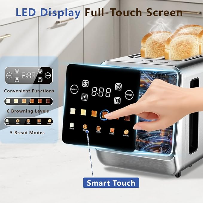 SAKAMOSH Smart Toaster 4 Slice, Touch Screen, Digital Toasters with 6 Browning Levels & 5 Bread Types, Bagel, Extra Long Wide Slots, Memory Function, Timer, 1400W, Stainless Steel