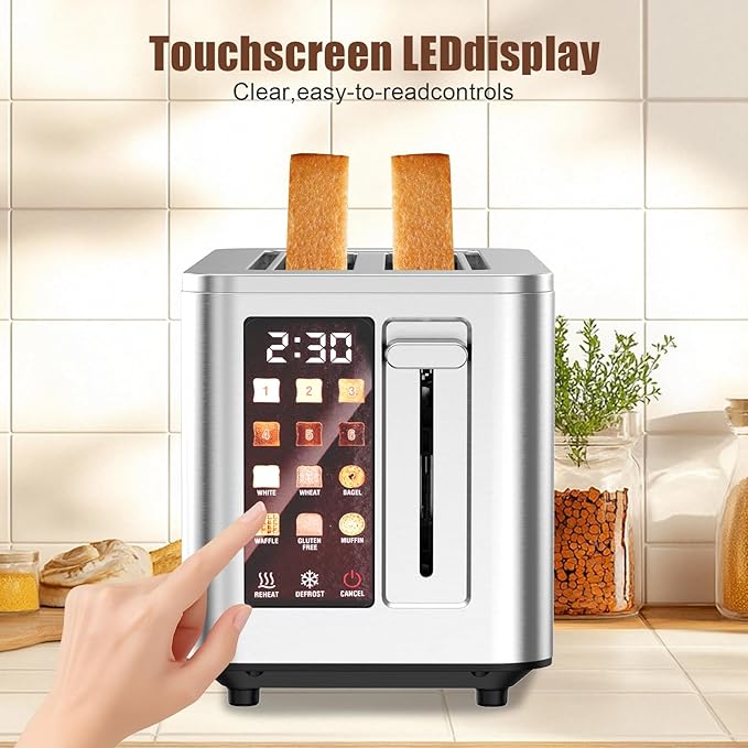 2026 Upgraded TAZTIR Touch Screen Toaster 4 Slice, Premium Stainless Steel Digital Bread Toaster with Timer, 1.5'' Wide Slot, 6 Shade Settings & 6 Bread Types, Bagel Defrost Reheat Cancel Functions