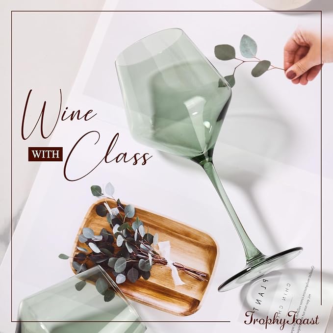 Green Wine Glasses Set of 6-17.5oz Long Stem Crystal Wine Glasses, Handcrafted Blown Colorful Stemware, Elegant Drinkware Gift for Wedding Housewarming Wine Enthusiasts