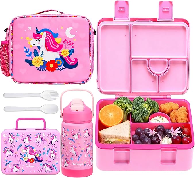 rockpapa Kids Lunch Box Set with 14oz Insulated Water Bottle & Lunch Bag, Leakproof 5.5 Cups Bento Box for School & Children, BPA-Free, Microwave Safe for Boys Girls (Pink Unicorn)
