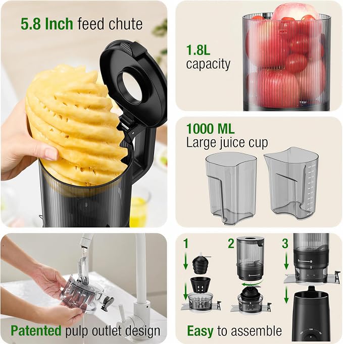 TUUMIIST Juicer Machines, Cold Press Juicer with 5.8" Extra Large Feed Chute Fit Whole Fruits & Vegetables Easy to Clean, High Juice Yield, BPA Free (Black)