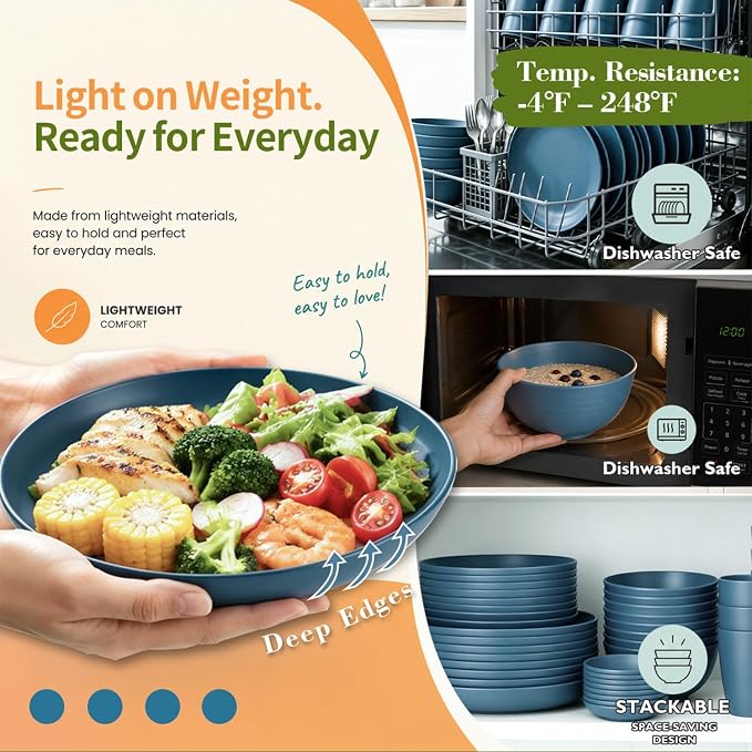 Wrova Kitchen Plates and Bowls Set Service for 8, 40-Piece Wheat Straw Dinnerware Sets Unbreakable Dinner/Salad Plates/Cereal Bowls/Sauce Cups/Cups Set, Dishwasher Safe Daily Living Dinnerware- Blue