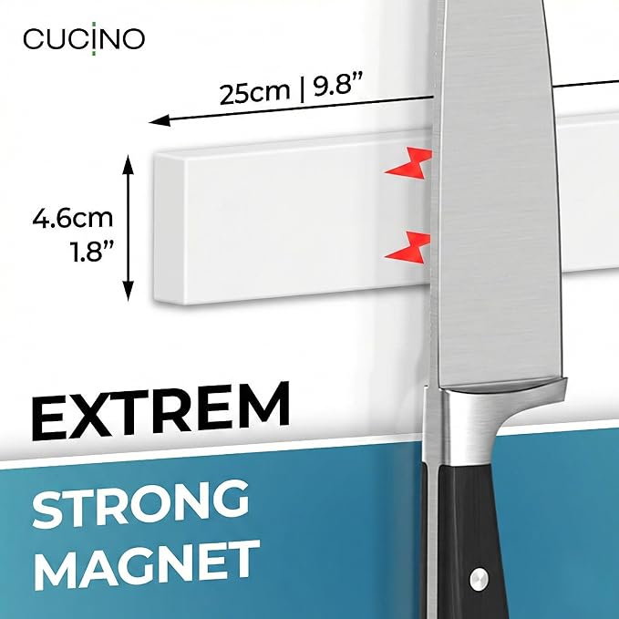 CUCINO Magnetic Knife Holder for wall, 10" no drilling required, includes self-adhesive tape, extra strong for holding knives – Awarded magnet strip – White Rubber