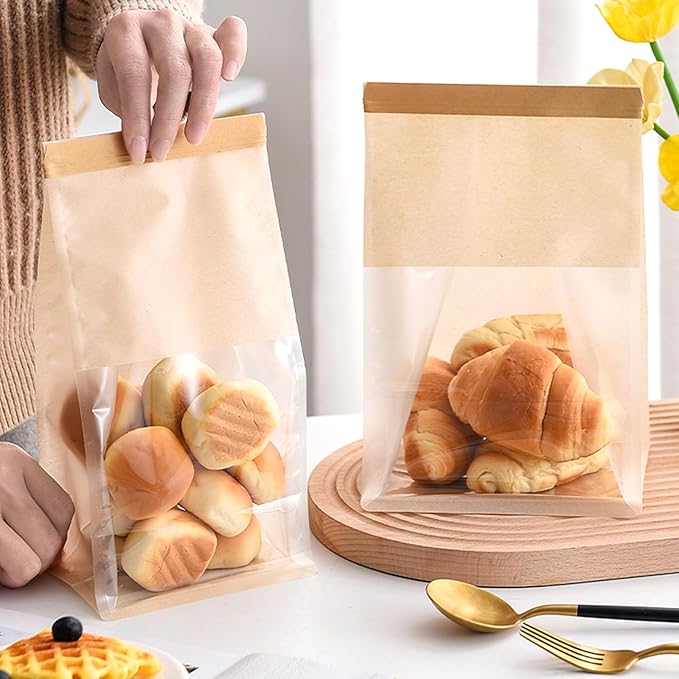 Ocmoiy 100Pcs Bakery Bags with Window, Resealable Tin Tie Tab Lock Bread Storage Bag, Clear Front Snack Bags for Packaging Cookies, Loaf, Popcorn, Paper Treat Bags