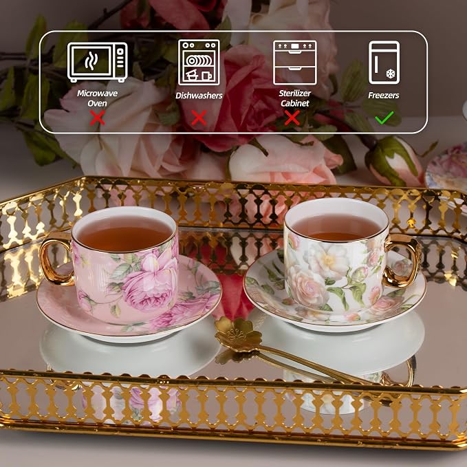KAMMAK Tea Cups and Saucers Set of 2, Porcelain Coffee Cups, Stackable Espresso Mugs, Ceramic Demitasse for Coffee, Cappuccino, Latte, Americano, Tea, White Rose + Beauty Rose
