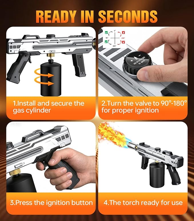 Powerful Propane Torch Gun, Kitchen cooking Torch lighter with Adjustable Flame, Flame Thrower Gun Butane Torch for Searing Steak, BBQ, Campfire, Fireplace (Tank Not Included)(Grey)