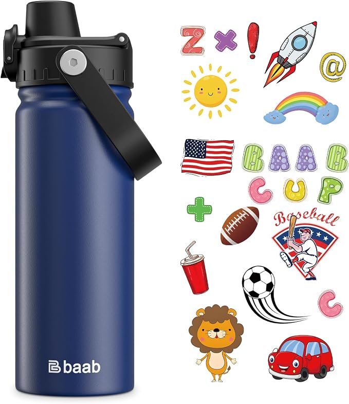 baab 18oz Kids Water Bottle, Insulated Kids Water Bottle with Lockable Spout Lid & Stickers, 18/8 Stainless Steel Vacuum Leakproof Kid Water Cup with Handle for Boy Girl & School (Navy Blue, 1 Pack)