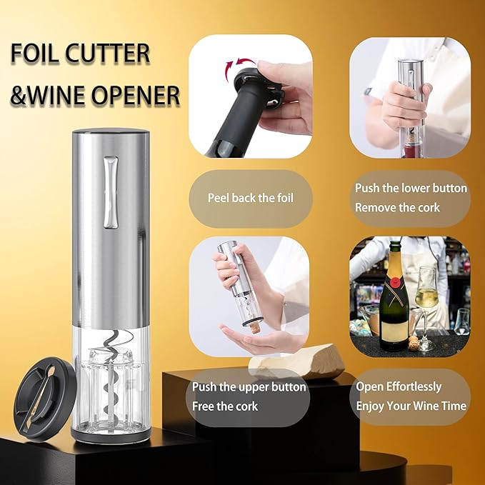 Rechargeable Electric Wine Opener Set, 4-in-1 Automatic Opener Kit with Aerator Pourer, Foil Cutter, Vacuum Pump and Stoppers - Ideal Gift for Mother's Day, Father's Day, Birthday and Anniversary
