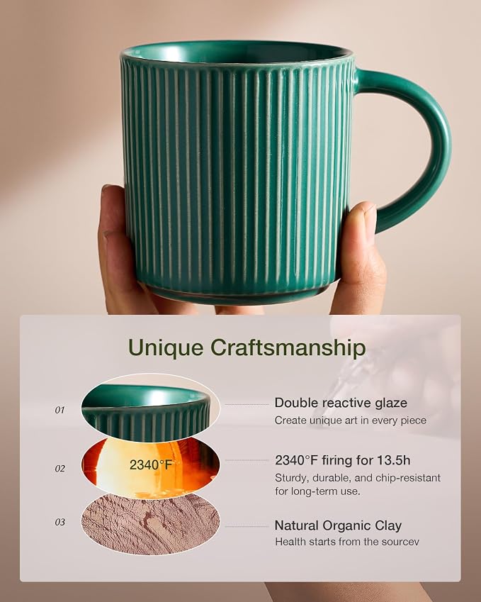 famiware Coffee Mug Set for 6, Star 12 oz Catering Mugs Cup Set with Handle for Coffee, Tea, Cocoa, Milk- Ceramic Stoneware Drinkware Set, Sage Green