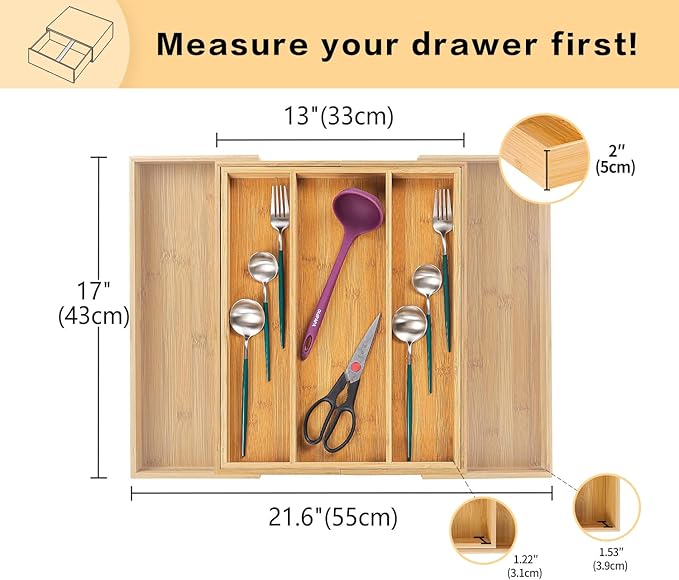 Utoplike Bamboo Expandable Kitchen Drawer Organizer and Acacia Kitchen Drawer Organizer for Large Utensils