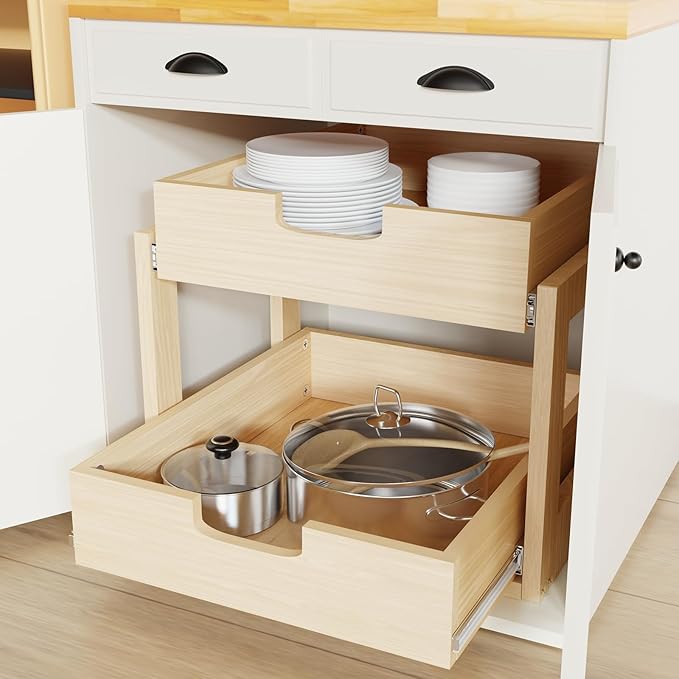 Pull Out Cabinet Organizer, 14''W×21''D×16''H Soft Close Slide Out Wooden Pull out Drawers, Double Tier Slide out Wood Cabinet Organizer, for Base Cabinet Organization in Kitchen, Pantry, Bathroom