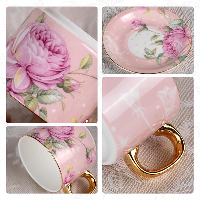 KAMMAK Tea Cups and Saucers Set of 2, Porcelain Coffee Cups, Stackable Espresso Mugs, Ceramic Demitasse for Coffee, Cappuccino, Latte, Americano, Tea, White Rose + Beauty Rose