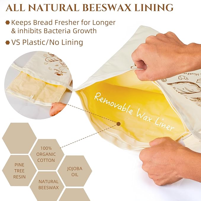 2 Pack Beeswax Bread Bags for Sourdough - Reusable Washable Cotton with Removable Wax Liner, Proofing Cover & DIY Writable Labels, Plastic Free Eco-Friendly Camping Ready (17x13 Inch)