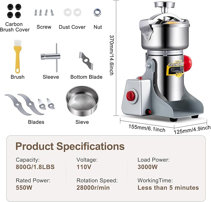 Grain Mill Grinder, 800g Electric Grain Mill for Flour, 3000W High-speed Wheat Grinder with Bottle-Cap Style Sealing Lid, 110V Commercial Powder Grinder for Dry Spice Bean Grains Coffee Pepper
