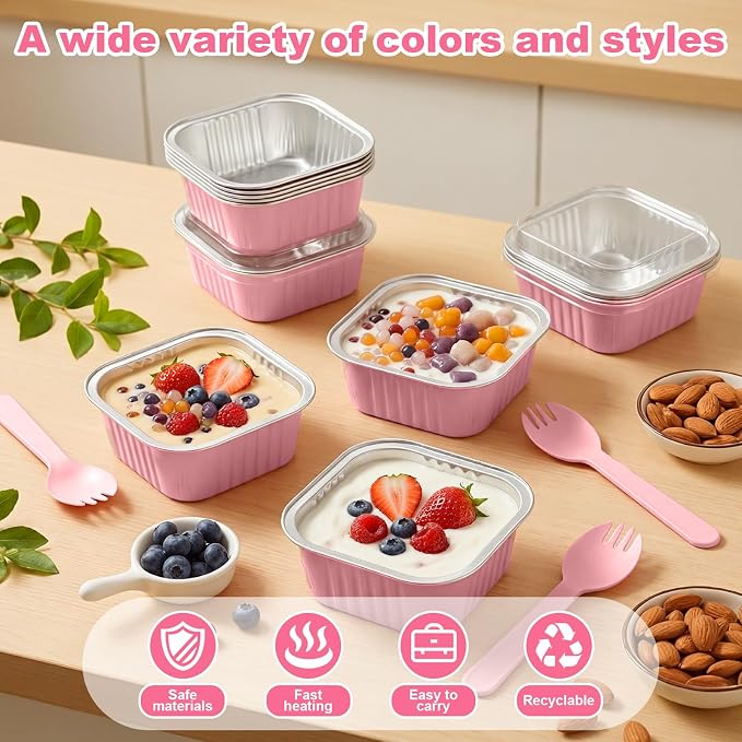 LemonRoad 240 Sets Mini Loaf Pan with Lids and Spoons 6.8oz Rectangular Aluminum Foil Bread Pan 5oz Square Cake Cup with Decal Disposable Baking Supply for Graduate Wedding Birthday (Pink)