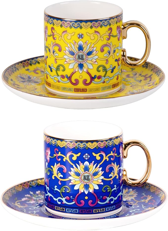 KAMMAK Tea Cups and Saucers Set of 2, Porcelain Coffee Cups, 7oz Stackable Espresso Mugs, Ceramic Demitasse for Coffee, Latte, Americano, Tea (639N+640N)