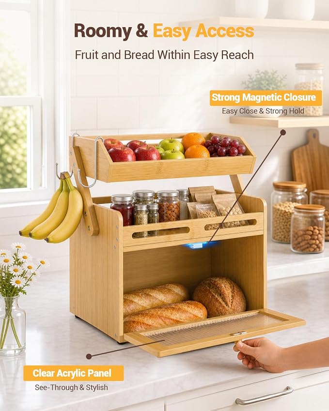 Bread Box for Kitchen Countertop, Bamboo Bread Storage Container with Fruit Basket, Clear Door & Magnetic Closure, Raised-Rail Shelves & 2 Banana Hooks, Farmhouse Pantry Organizer