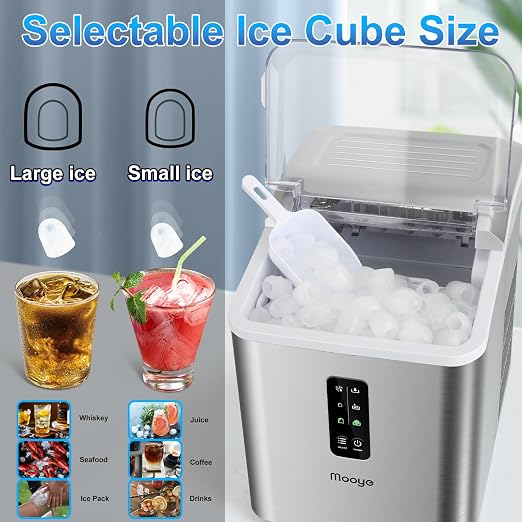 Countertop Ice Maker Machine, 26.5 lbs in 24Hrs, Electric ice Maker and Compact ice Machine with Ice Scoop and Basket, 2 Sizes of Bullet Ice for Home/Kitchen/Office
