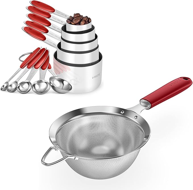 U-Taste 10 Piece Measuring Cups and Spoons Set in 18/8 Stainless Steel, and 18/8 Stainless Steel 5.5 inch 30 Mesh Strainer (Red)