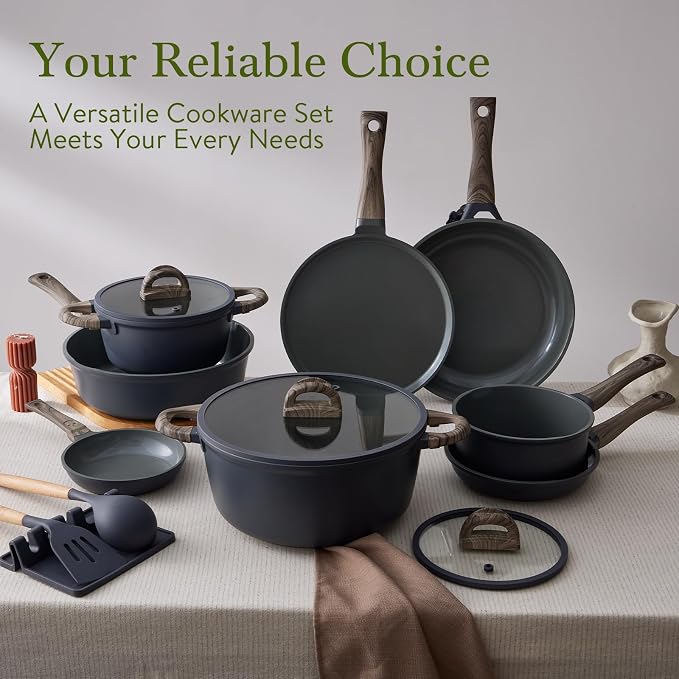 USELUCK Pots and Pans Set Non Stick Non-Toxic 22 Pcs Ceramic Cookware Sets Nonstick Kitchen Pot&Pan With Lid Stone Gray Granite Induction Compatible with Glass Lids Crepe Frying Pan PFOA/PFOS-Free