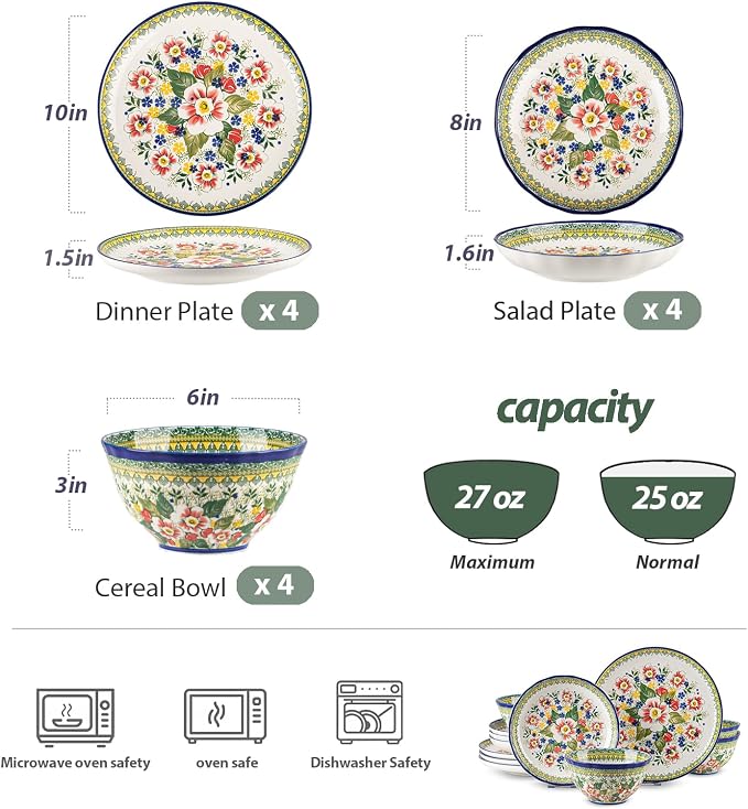 12-Piece Ceramic Dinnerware Set, Service for 4, Bohemian Floral Dish Set, Includes Plates and Bowls Sets, Microwave & Oven & Dishwasher Safe, Vintage Dish Set