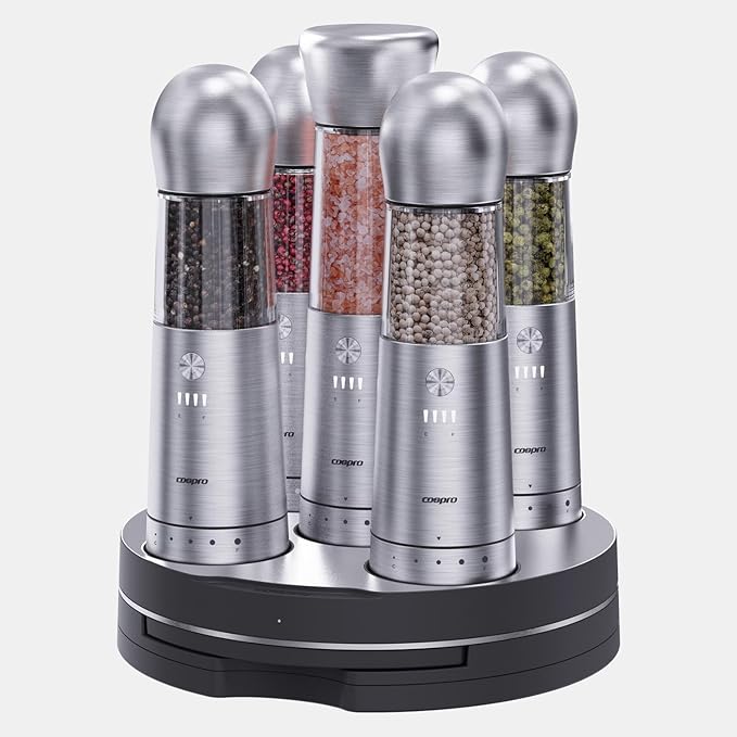COSPRO Electric Salt & Pepper Grinder Set of 5 | Wireless Charging | Rechargeable | Stainless Steel | One-Hand Use | Adjustable Coarseness | Easy Clean | Himalayan Salt & Spices