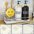 Moforoco Kitchen Dish Soap Dispenser Set, 16OZ Glass Bottle, Hand and Dish Soap Dispenser Set, Instant Dry Tray, Brush Holder with Smiley Face Sponge Holder (Silver Tray+Black&White Bottle)