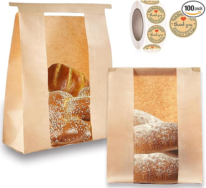 100 Pcs(13.7x8.2x3.5 in) Paper Bread Bags for Homemade Bread, Sourdough Bread Bags with Window, Sourdough Storage Bags for Bread Packaging includes 500 Cute Seal Stickers