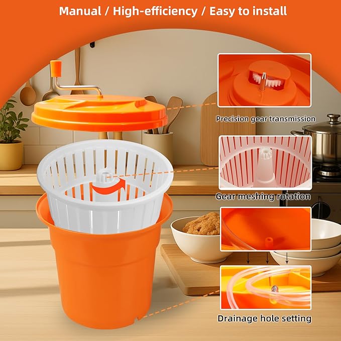5 Gallon Salad Spinner,Large Capacity Vegetable Friuts Salad Dryer,Commercial Manual Salad Mixer for Restaurants Kitchen & Catering,Green & Orange. (Orange, 5 Gallon)