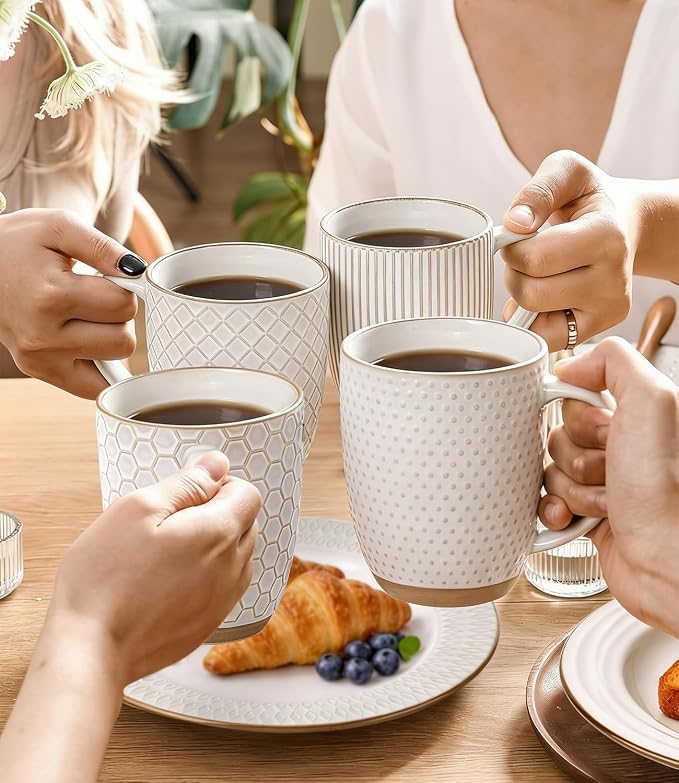 GBhome Large Coffee Mugs Set of 4, 16oz Handmade Embossed Coffee Mugs Set with Large Handle for Cappuccino/Latte/Tea/Hot Cocoa, Dishwasher & Microwave Safe, Off White