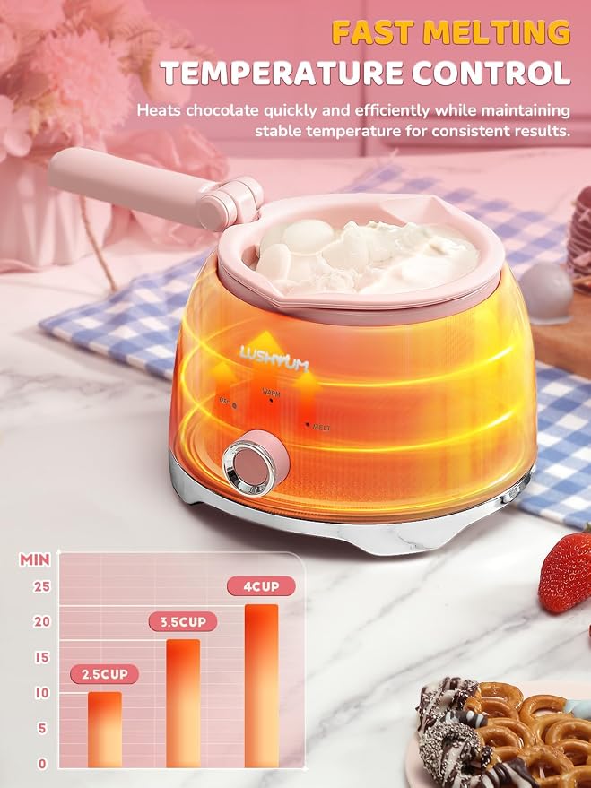 LUSHYUM Electric Chocolate Melting Pot with 2 Insert Pots, 4-Cup Chocolate | Even Heating & Fast Melting, BPA-Free Silicone, Easy Clean, Less Waste, Ideal for Chocolate & Candy Melts, Parties & Fondue