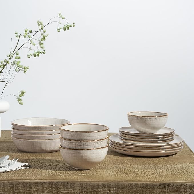 Famiware Moonlight Plates and Bowls Sets, 12 Pieces Stoneware Dinnerware Sets with Linen Finish, Handmade Dishware Set for 4, Microwave and Dishwasher Safe, Chip and Scratch Resistant, Summer Sand