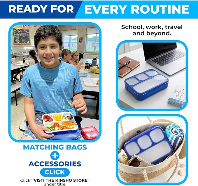 kinsho Bento Lunch Box for Kids Boys Adults, Portion Control Meal Container with 4 Divided Compartments, BPA Free Snackle Snack Food Container for School Work Travel, Utensils, Blue