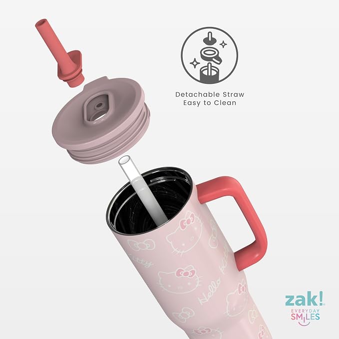 Zak Designs Sanrio Sutton Travel Tumbler for On the Go, 30oz Stainless Steel with Vacuum Insulation, Silicone Straw, and Carry Handle for Cold Drinks (Hello Kitty)
