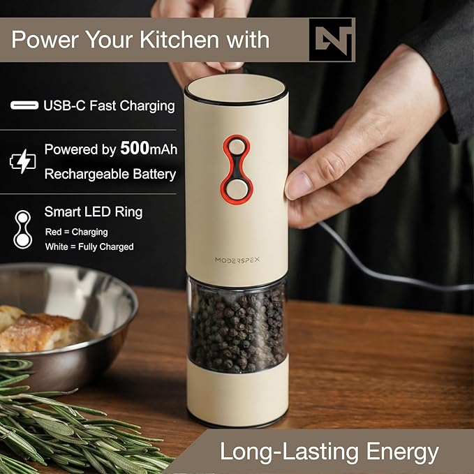Electric Salt and Pepper Grinder Set USB-C Rechargeable, Dual-Speed Automatic Salt and Pepper Mills with 9 Adjustable Coarseness, Ceramic Burr, LED Light, Refillable, (Buttercream）